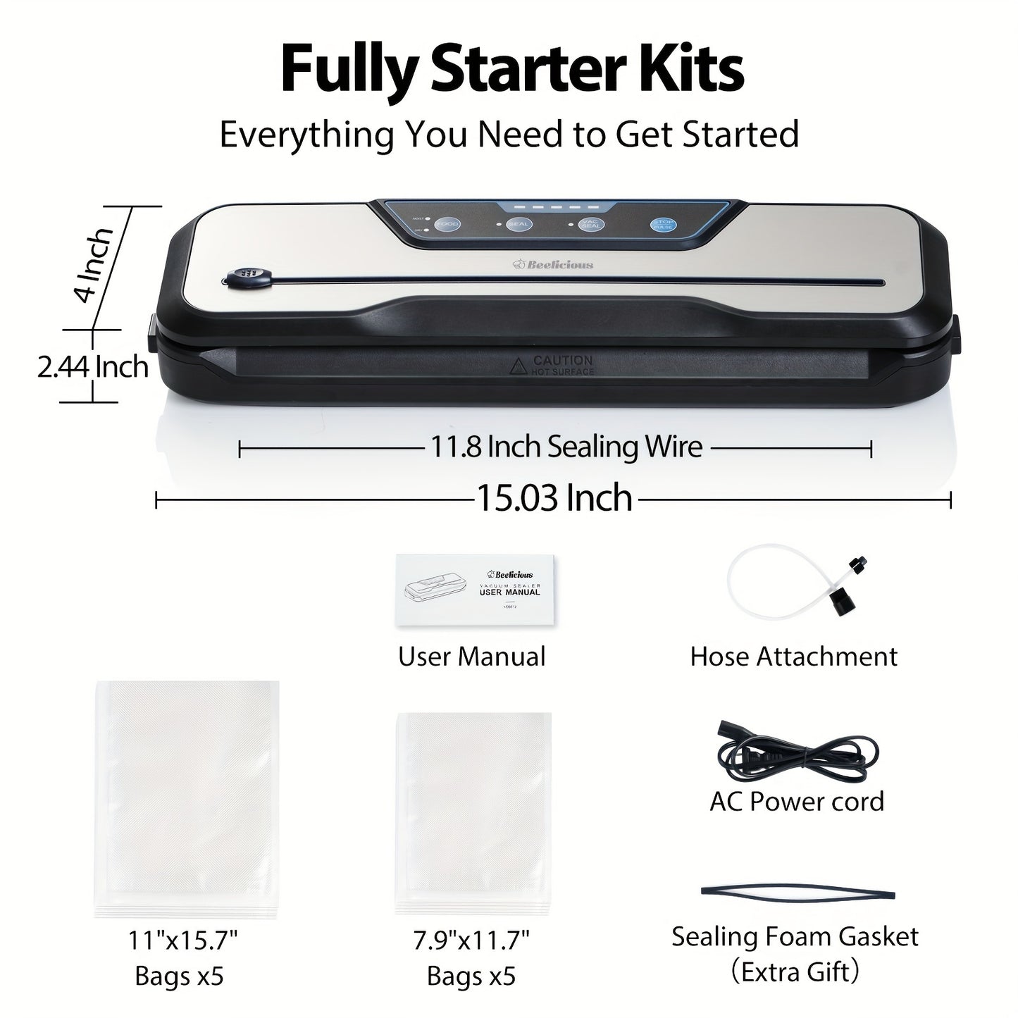 Beelicious Vacuum Sealer Machine Set – Automatic Air Sealing System with Starter Kit, Built-in Cutter, Moist Mode, Air Suction Hose, LED Indicator, Quiet, 50% Compact, 2-Year Warranty, Sous Vide
