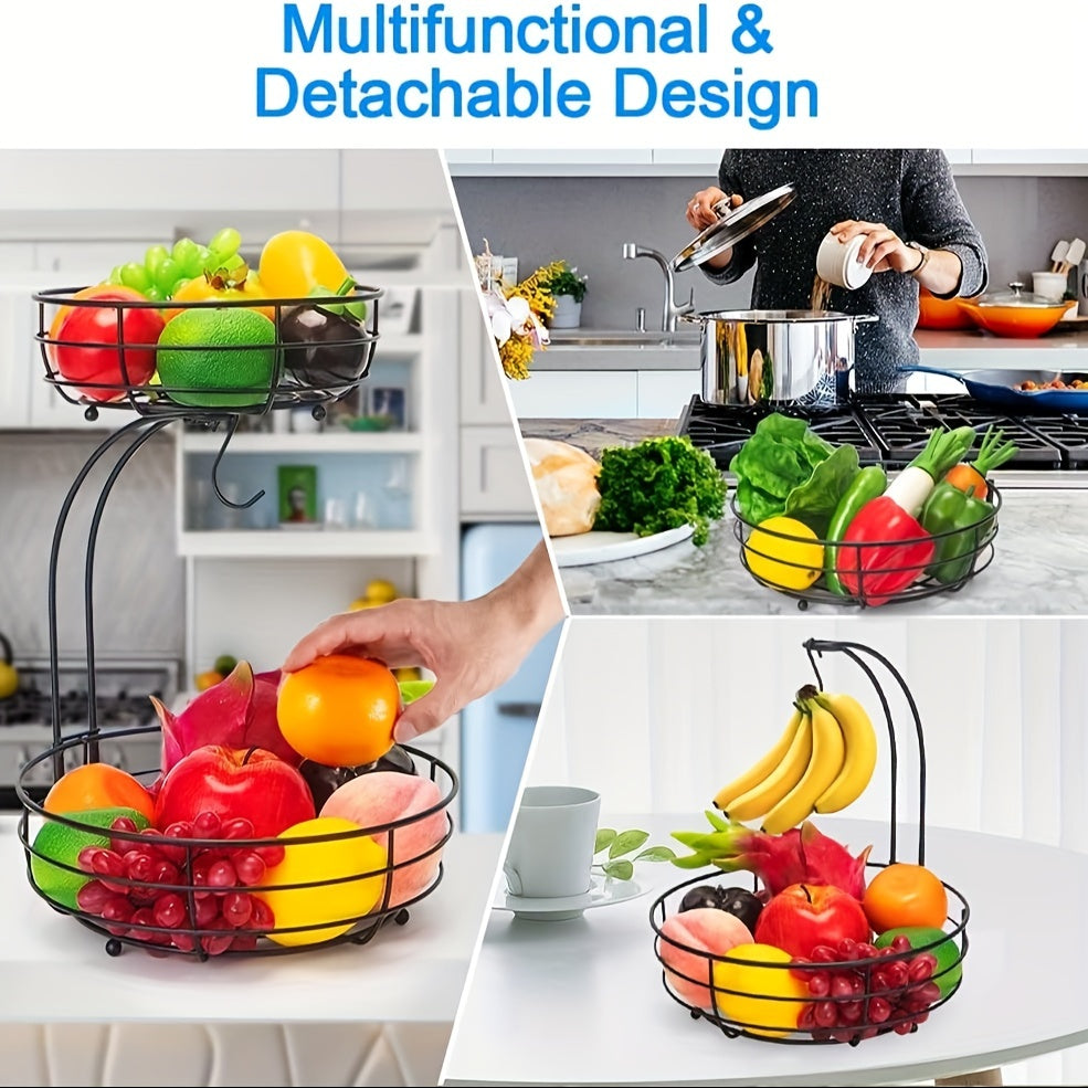 2 Tier Metal Countertop Fruit Basket with Banana Hanger – Vegetable & Snack Organizer for Kitchen