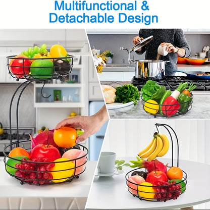 2 Tier Metal Countertop Fruit Basket with Banana Hanger – Vegetable & Snack Organizer for Kitchen