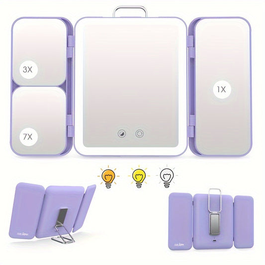 Tri-Fold Vanity Makeup Mirror with 3X & 7X Magnification - 3 Color Light Settings, Touch Sensor, Rechargeable, Portable Travel Design, Smart Dimming - Desktop/Wall Mount, Perfect Gift for Women