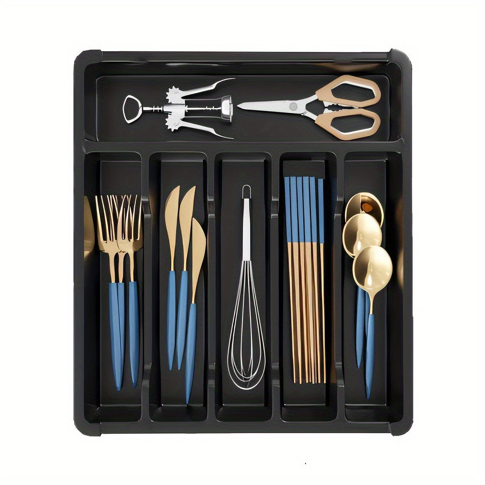 Flatware Organizer Tray – 6 Compartment Plastic Cutlery Holder for Kitchen Drawers – Lightweight Design, Polished Finish – Ideal for Knives, Forks, Spoons and More