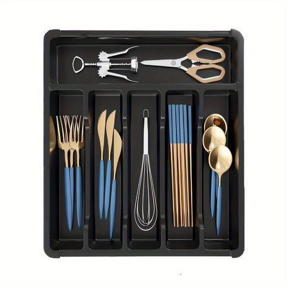 Flatware Organizer Tray – 6 Compartment Plastic Cutlery Holder for Kitchen Drawers – Lightweight Design, Polished Finish – Ideal for Knives, Forks, Spoons and More