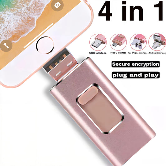 4-in-1 USB Stick for Phone – 64GB/128GB Flash Drive with iOS/USB/Type-C/Micro USB Ports, High-Speed External Storage for Android, iPad, and PC