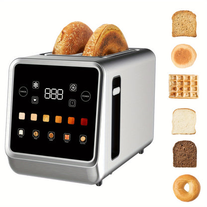2-Slice Stainless Steel Toaster - Touch Screen Digital Timer, 6 Bread Types and Shade Settings, Bagel, Cancel, Defrost, Memory, 750W-1000W, US Plug