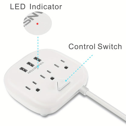 US Standard Slant Flat Plug Power Outlet – 3 Outlets & 3 USB Ports, Desktop Charging Station with 3.3ft, 5ft, 10ft Cords, Sturdy & Durable for Home, Office & Travel, Black & White