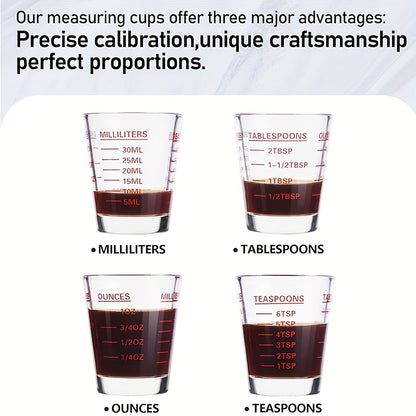 Glass Measuring Cup Set with Scale - Includes 1oz, 2Tbs, 6Tsp, and 30ml, Heavy-Duty and Microwave Safe, Ideal for Espresso, Wine, and More - Essential Kitchen Gadget
