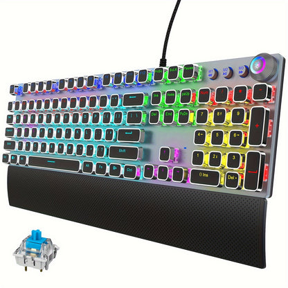 Mechanical Gaming Keyboard with LED Rainbow Backlit - 104 Anti-Ghosting Keys, Quick-Response Black Switches, Multimedia Controls, Removable Hand Rest for PC and Desktop Computers