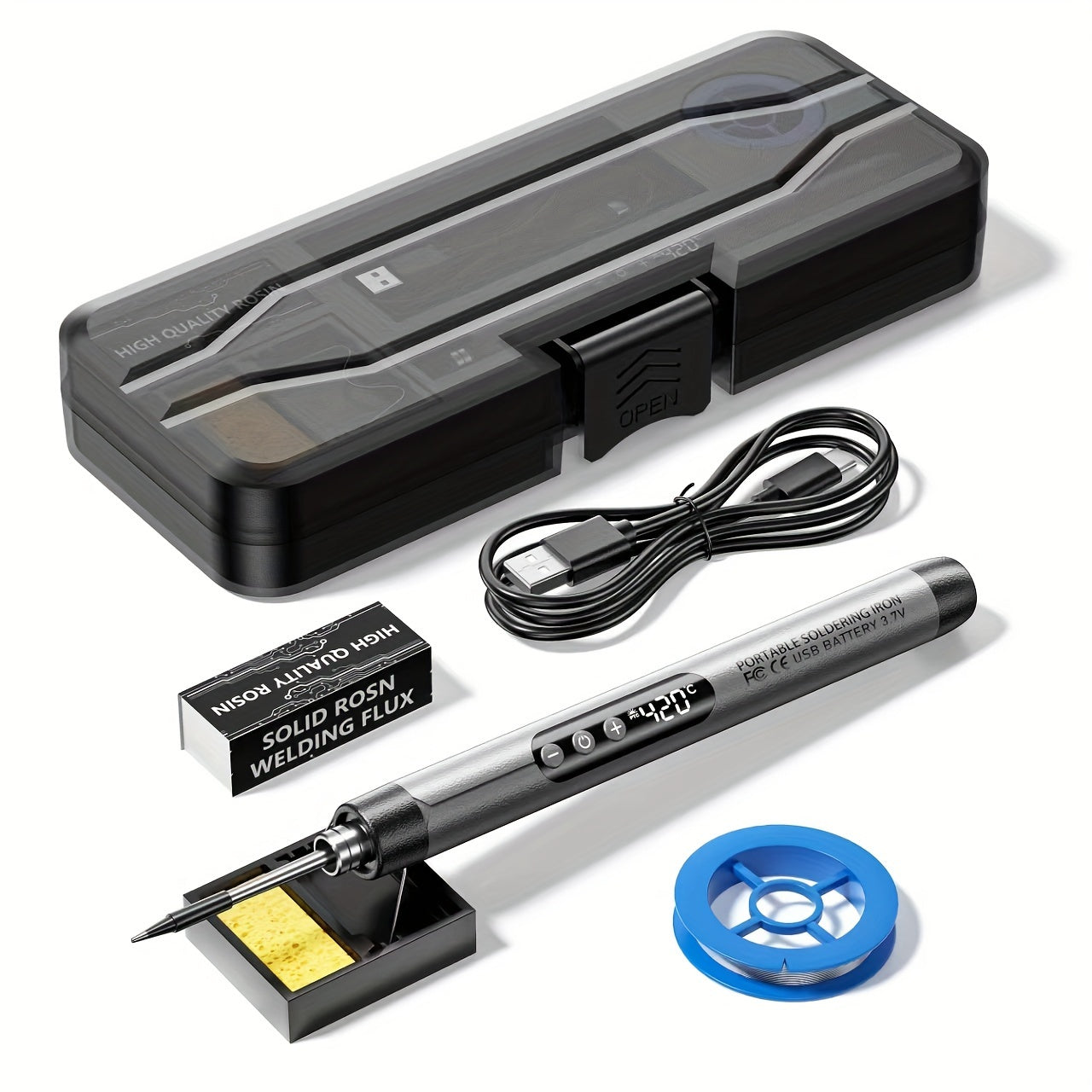 Mini Cordless Soldering Iron Kit - USB Rechargeable with Digital Display, 3 Temperature Settings, for Jewelry Crafting and DIY Projects - Orange and Dark Grey