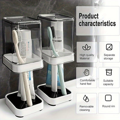 Toothbrush Holder Stand with Cover & Transparent Mouthwash Cup – Ideal for Bathrooms, Stores Toothpaste and Toothbrushes, Suitable for Home, Dormitory, School