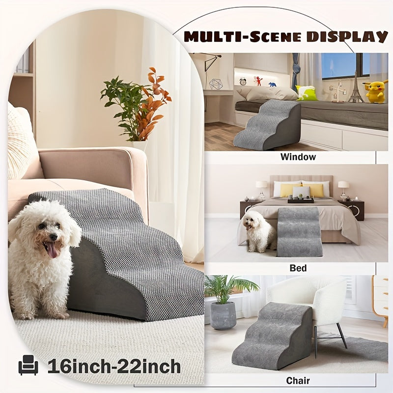 Curved 3-Step Dog Stairs for Small Dogs - 15.7" High, Non-Slip Pet Steps for Couch, Sofa, and Chair, Grey