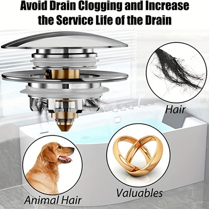 Universal Tub Stopper with Strainer – Pop-Up Cover for Bathtub Drain, Replaces Lift and Turn, Tip-Toe, and Trip Lever Drains, Fits 1-1/2" to 2" Drain Holes