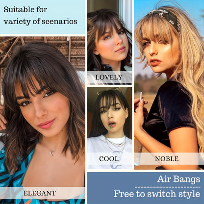 Clip-In Human Hair Bangs - Wispy Fake Fringe with Temples, Curved Hairpieces for Women, Daily Wear Clip-On Bangs