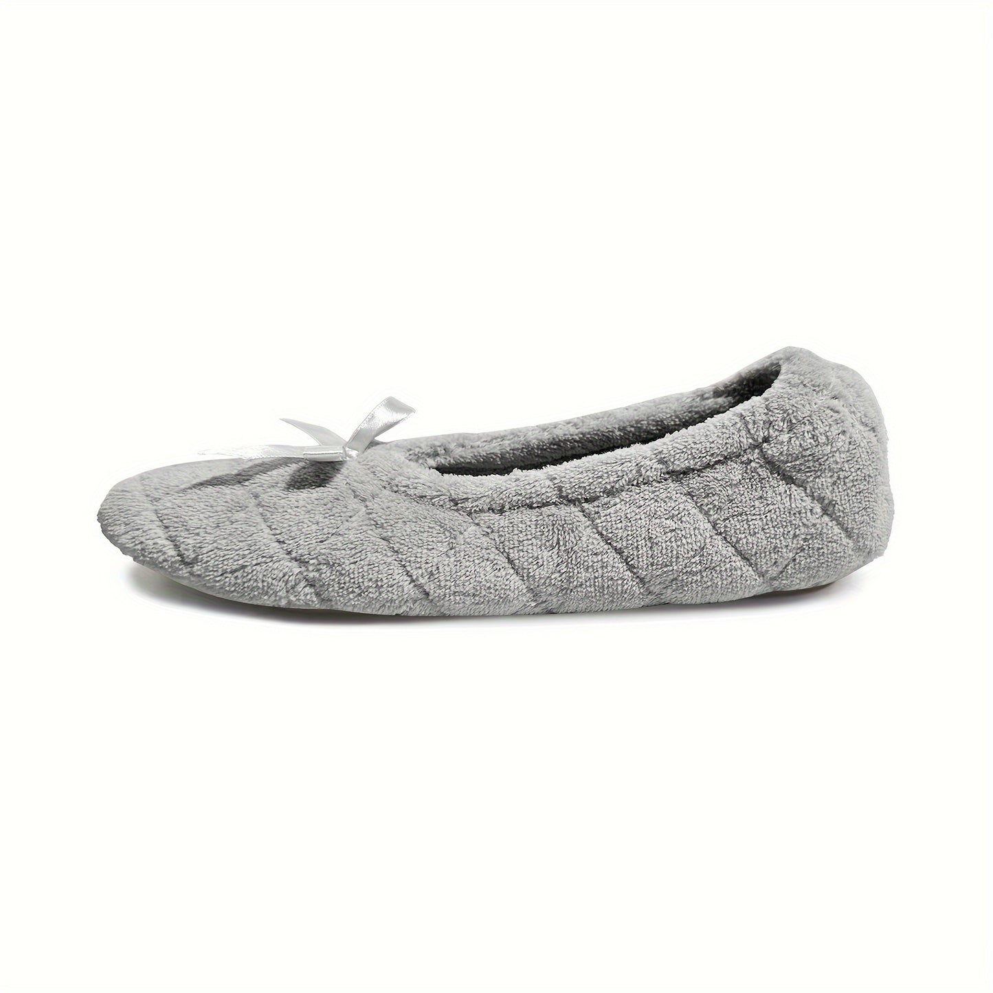 Elegant Women's Ballerina Slippers - Soft Quilted Terrycloth with Satin Bowknot, Lightweight Indoor Shoes in Grey