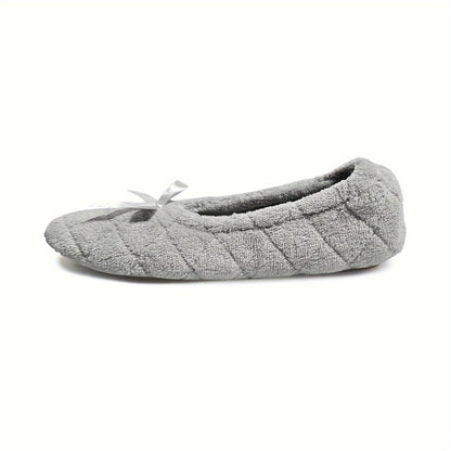 Elegant Women's Ballerina Slippers - Soft Quilted Terrycloth with Satin Bowknot, Lightweight Indoor Shoes in Grey