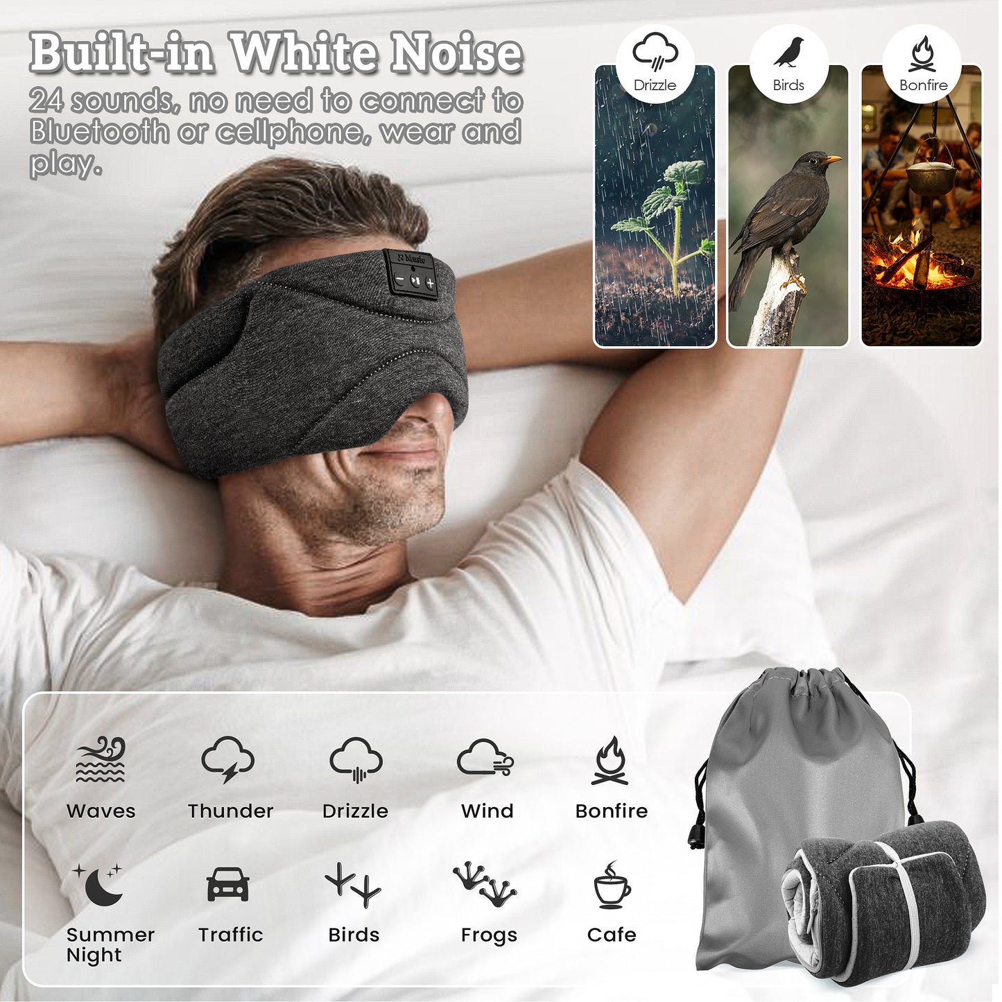 Sleep Mask with Headphones – White Noise, Blackout Light, Ice-Feeling, Extra Soft Modal Lining Eye Mask