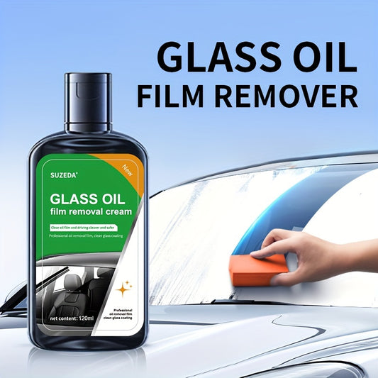 Windshield Cleaner and Oil Film Remover – Self-Dispensing Glass Cleaning Tool with Agent – Streak-Free Glossy Cleaner, Water Stain Remover for Car Windows and Mirrors – 1 Bottle (4.06oz) and 1 Sponge