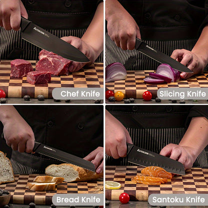 15 Piece Astercook Premium Knife Set - German Steel, Dishwasher Safe, Includes Elegant Black Block and Built-In Sharpener for Precision Cutting
