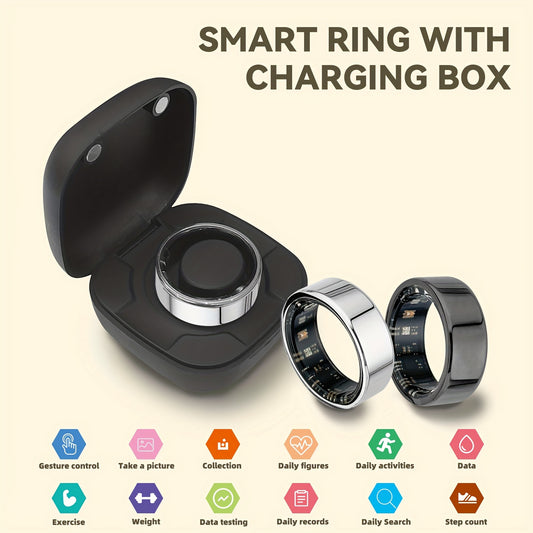 Smart Fitness Ring with Charging Compartment - Tracks Steps, Distance, Calories, Sleep; Compatible with iPhone & Android, Remote Photo Control, Water Resistant, Stylish and Comfortable