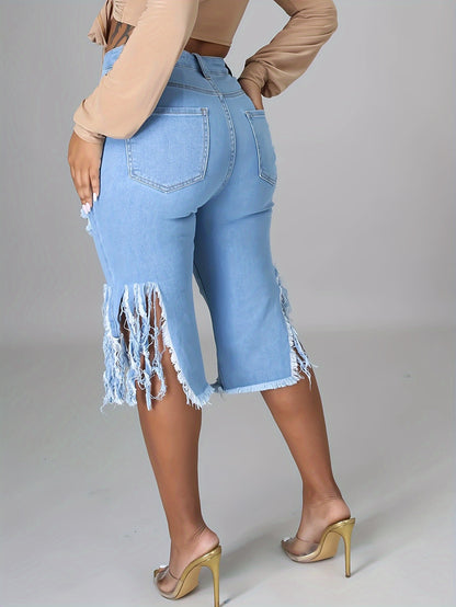 Women's Casual Distressed Denim Midi Shorts – Raw Fringe Hem, Ripped Split Detail – Fashionable Summer Jorts