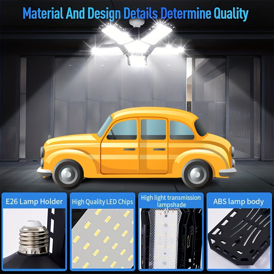LED Garage Light Bulbs – 10,000LM Super Bright, Adjustable Panels, E26/E27 Screw Socket – Deformable Ceiling Light for Warehouse, Corridor, Stadium