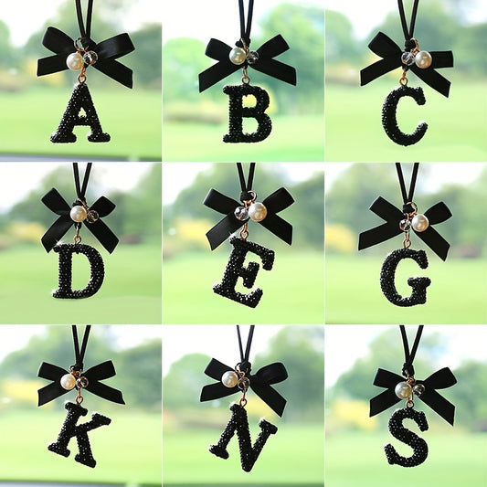 Crystal Alphabet Letter Hanging Ornament – Bowknot & Faux Pearl Detail, Decorative English Letter Charm for Vehicle Mirror Display