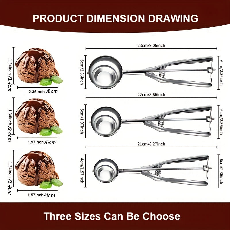 3 Piece Stainless Steel Ice Cream & Cookie Dough Scoops Set with Trigger Release – Silver Cupcake & Fruit Scoop for Baking