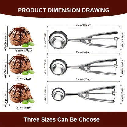 3 Piece Stainless Steel Ice Cream & Cookie Dough Scoops Set with Trigger Release – Silver Cupcake & Fruit Scoop for Baking