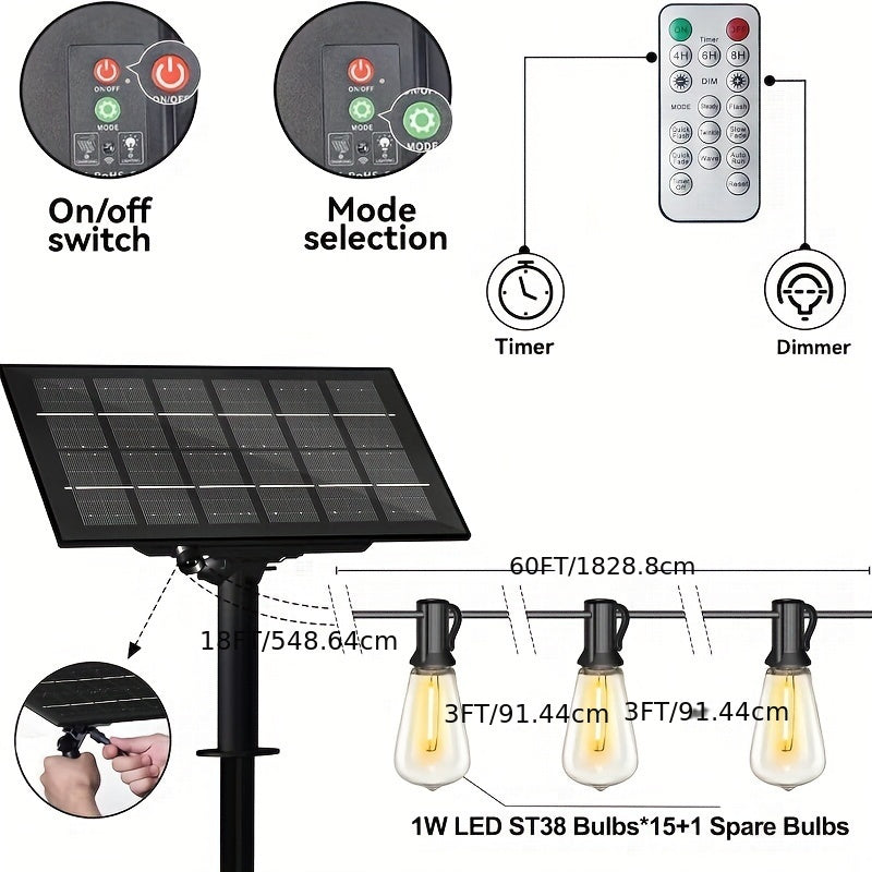 STRIGHT Solar String Lights – 120FT/100FT/60FT/57FT/48FT/25FT Outdoor Weatherproof LED Edison Bulbs with Remote – Solar Powered for Patios, Backyards, Fences, Halloween, and Christmas Decorations