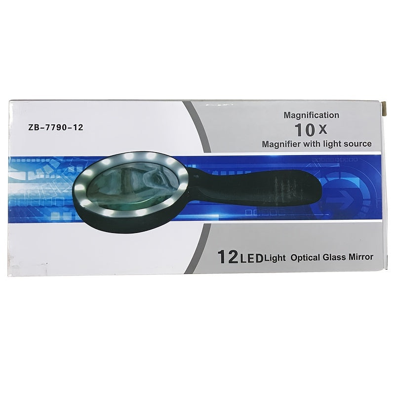 10X Lighted Magnifying Glass – Handheld Large Reading Magnifier with 12 LED Lights, Ideal for Seniors, Repair, Coins, and Reading