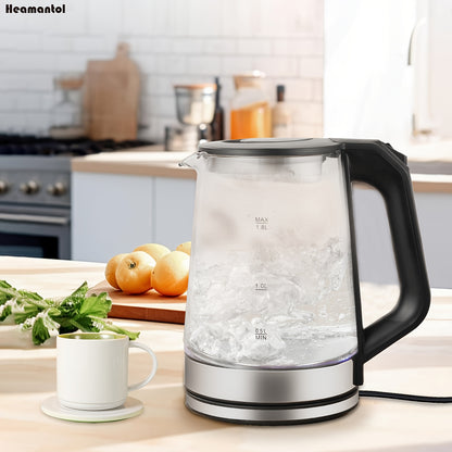 1.8L Electric Tea Kettle – Borosilicate Glass, Auto Shut Off, LED Indicator, BPA-Free for Coffee & Tea