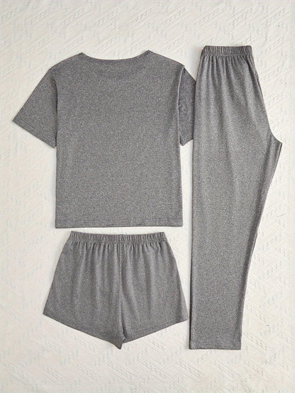 Women's 3-Piece Pajama Set – Simple Short Sleeve Sleepwear with 'WEEKEND' Print, Comfy Casual Loungewear