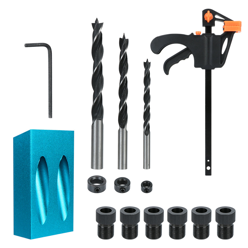 7/14/15PCS Pocket Hole Jig Kit – 15° Woodworking Drilling Guide & Locator with Drill Bit Set