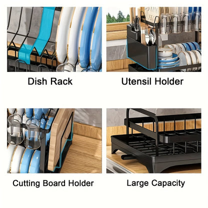 2 Tier Rustproof Metal Dish Rack with Drainboard and Utensil Holder – Space-Saving Kitchen Countertop Organizer for Dishes and Utensils, Easy to Clean