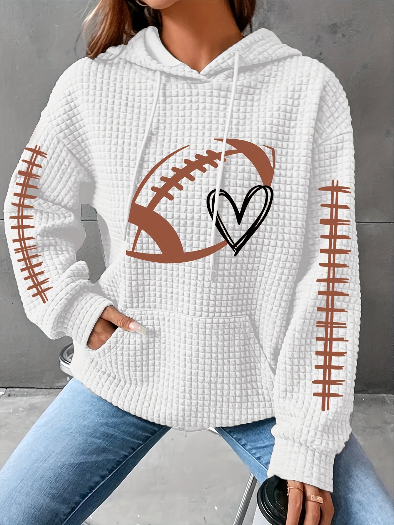 Cozy Plus Size Women's Hoodie – Heart Rugby Print, Waffle Knit, Long Sleeve with Drawstring Hood and Kangaroo Pockets, Casual Wear for Curvy Fashionistas