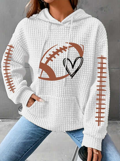 Cozy Plus Size Women's Hoodie – Heart Rugby Print, Waffle Knit, Long Sleeve with Drawstring Hood and Kangaroo Pockets, Casual Wear for Curvy Fashionistas