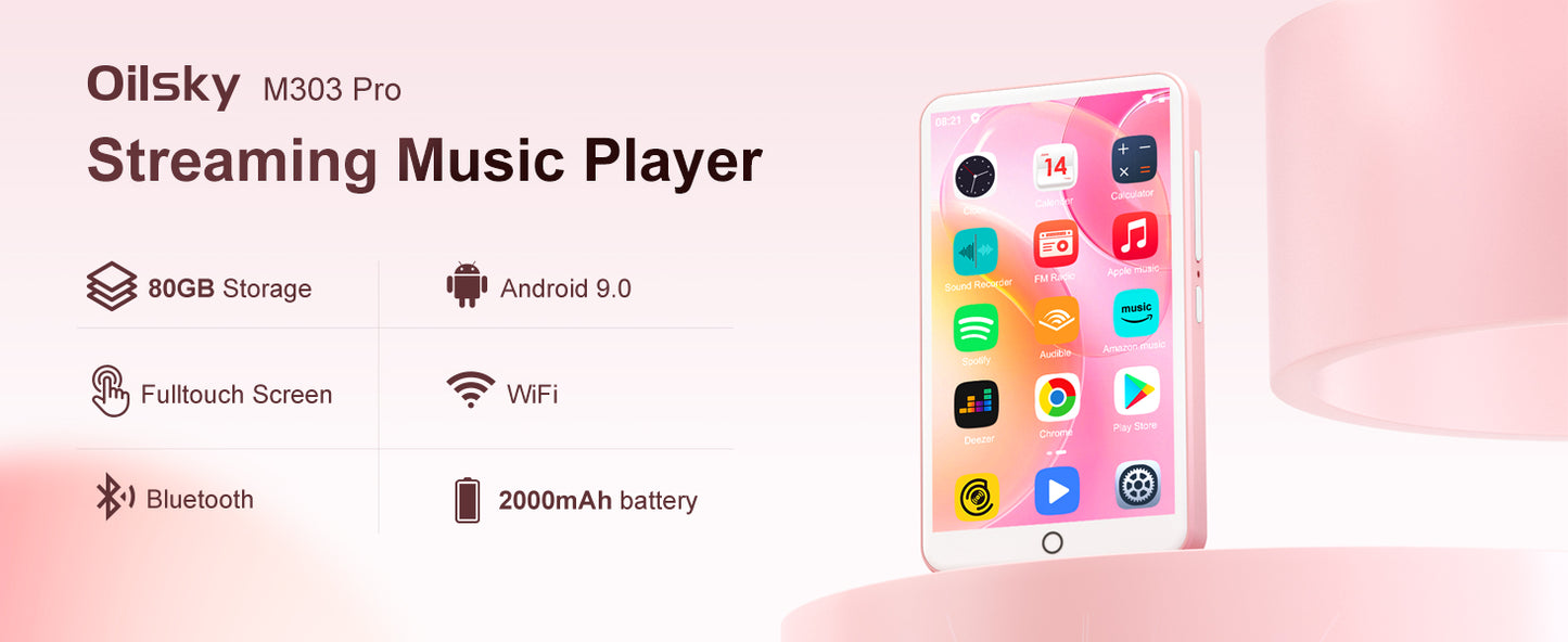 80GB MP3 Player Android 9.0 - Bluetooth, WiFi, 4.0-Inch Touchscreen, Speakers, FM Radio, eBooks, Up to 512GB Capacity