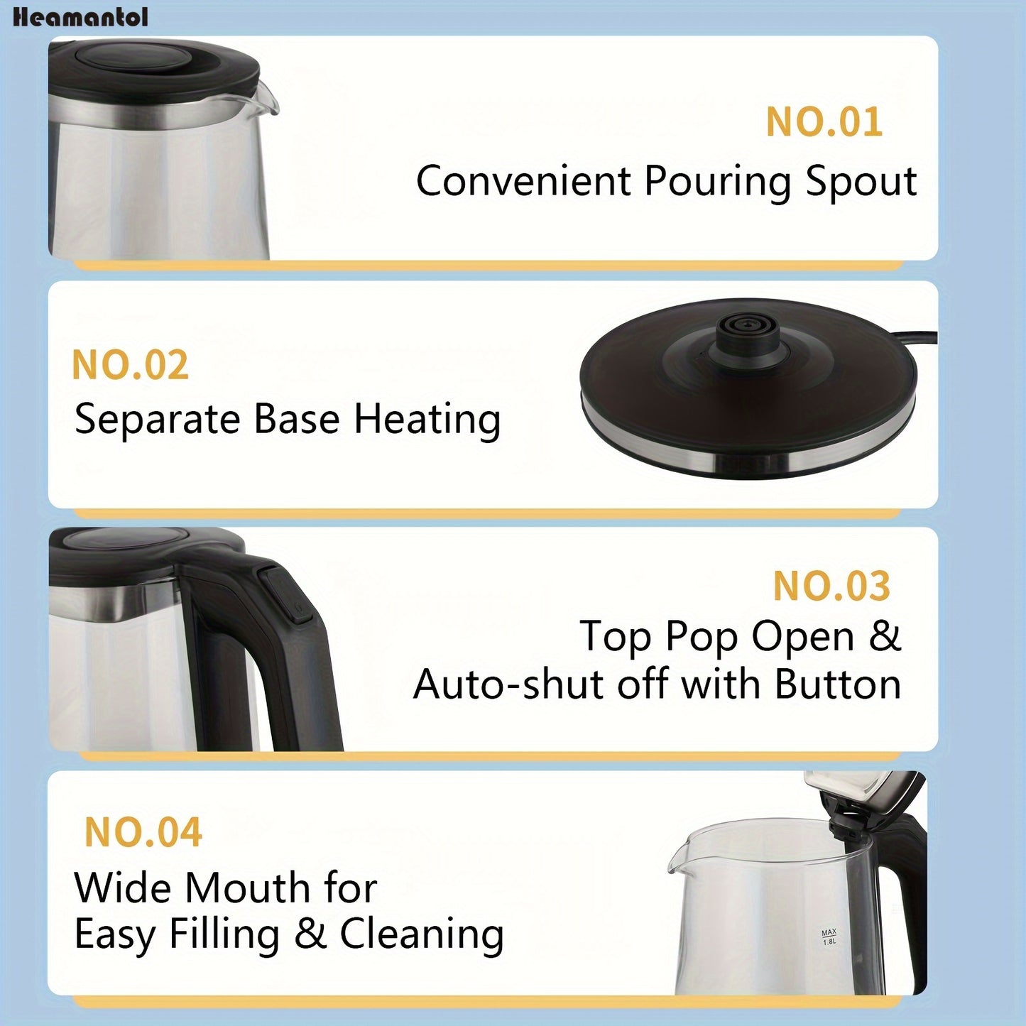 1.8L Electric Tea Kettle – Borosilicate Glass, Auto Shut Off, LED Indicator, BPA-Free for Coffee & Tea