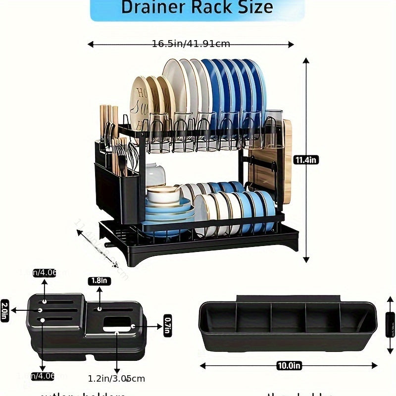 2-Tier Large Stainless Steel Dish Drying Rack with Drainboard – Black Dish Drainer for Kitchen Counter – Includes Space for Dishes, Knives, Cups, Cutting Board