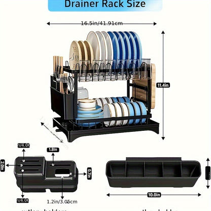 2-Tier Large Stainless Steel Dish Drying Rack with Drainboard – Black Dish Drainer for Kitchen Counter – Includes Space for Dishes, Knives, Cups, Cutting Board