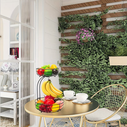 2 Tier Metal Countertop Fruit Basket with Banana Hanger – Vegetable & Snack Organizer for Kitchen