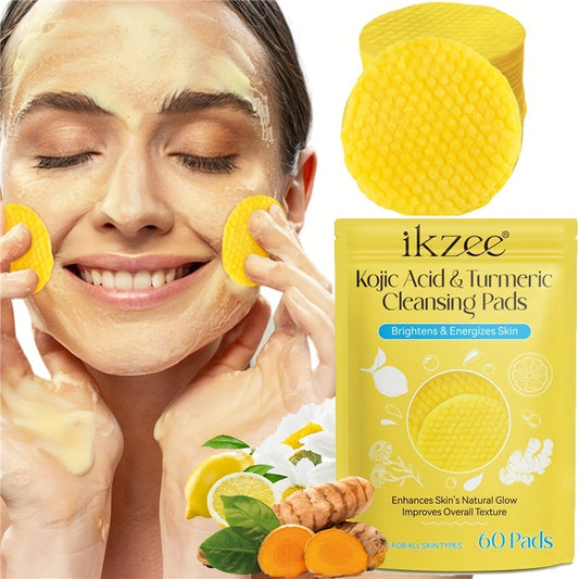 60 Kojic Acid and Turmeric Cleansing Pads - Dual Textured, Glycerol Infused Facial Pads for Brightening, Moisturizing and Exfoliating | Unscented, Formaldehyde-Free, All Skin Types