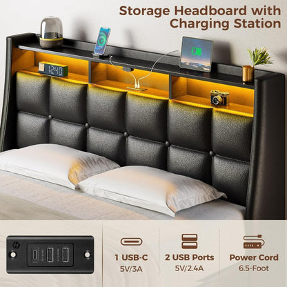 Twin Full Queen Bed Frame with LED Lighting and Charging Station - PU Leather/Neutral Linen Storage Headboard, Drawers, Heavy Duty Wood Slats, Easy Assembly - Modern Bedroom Furniture Upgrade