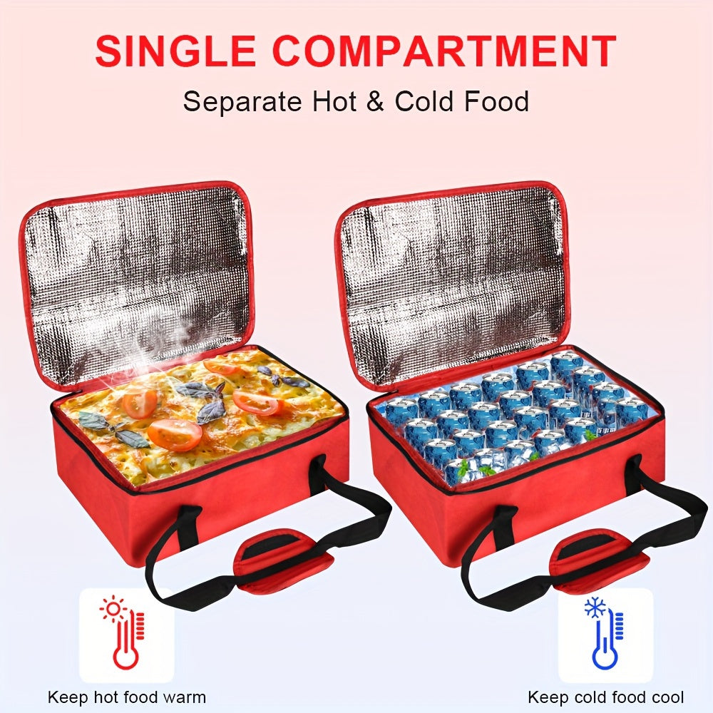 Red Baking Tray Bag – Expandable Layered Insulated Pot Carrier for 9"x13" Baking Tray – Forest Grey Grid, Hot or Cold Food – Layered Lugger Handbag, Lunch Bag with Ice Pack