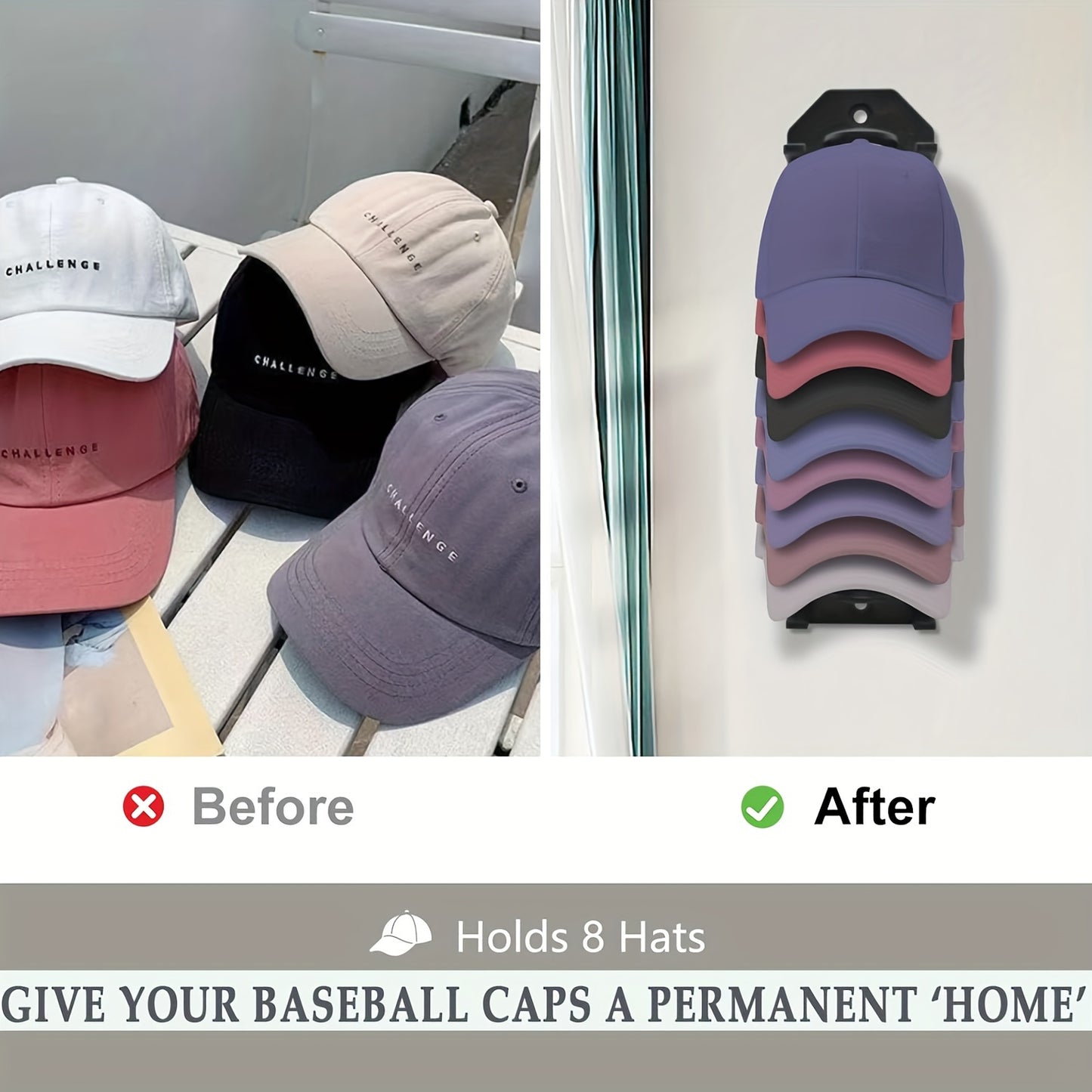 Feiku Wall-Mounted Hat Organizer – Space-Saving Baseball Cap Holder with Strong Adhesive, Easy Installation, Holds 8 Caps for Closet, Bedroom & Door