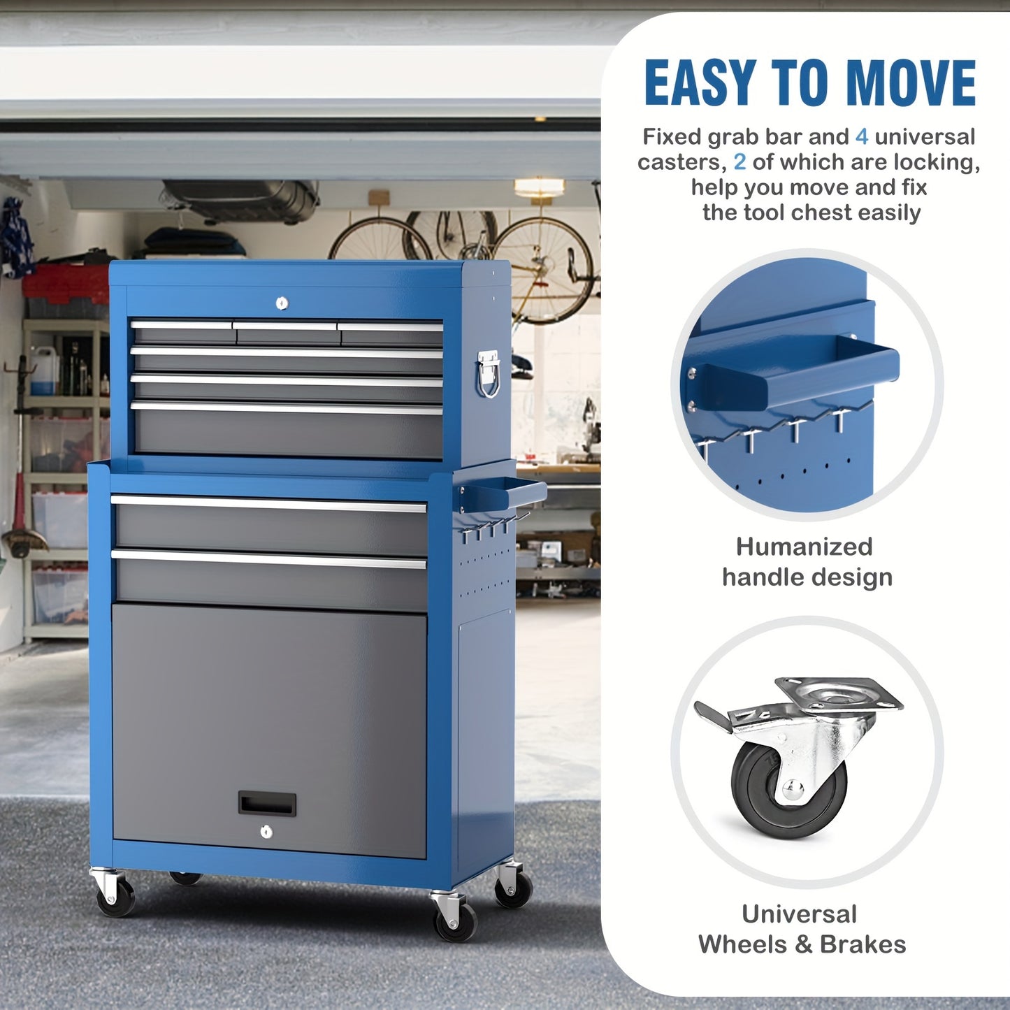 8 Drawer Tool Storage Cabinet on Wheels - High Capacity, Removable Organizer, Detachable Top Box, Locking System, Ideal for Workshop & Garage, Blue
