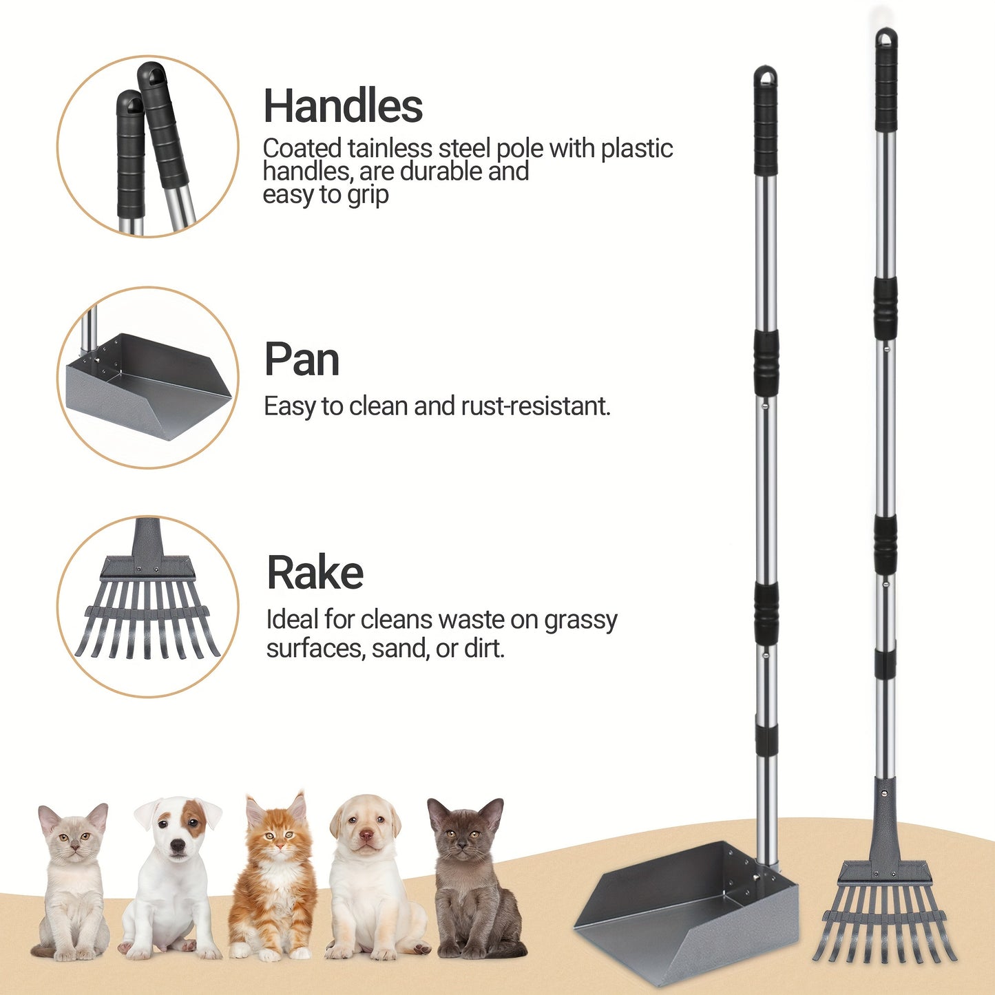 Stainless Steel Dog Pooper Scooper Set, Rust-Proof Tray & Rake, Adjustable Handles, Easy Clean Pet Waste Scoop for All Breeds