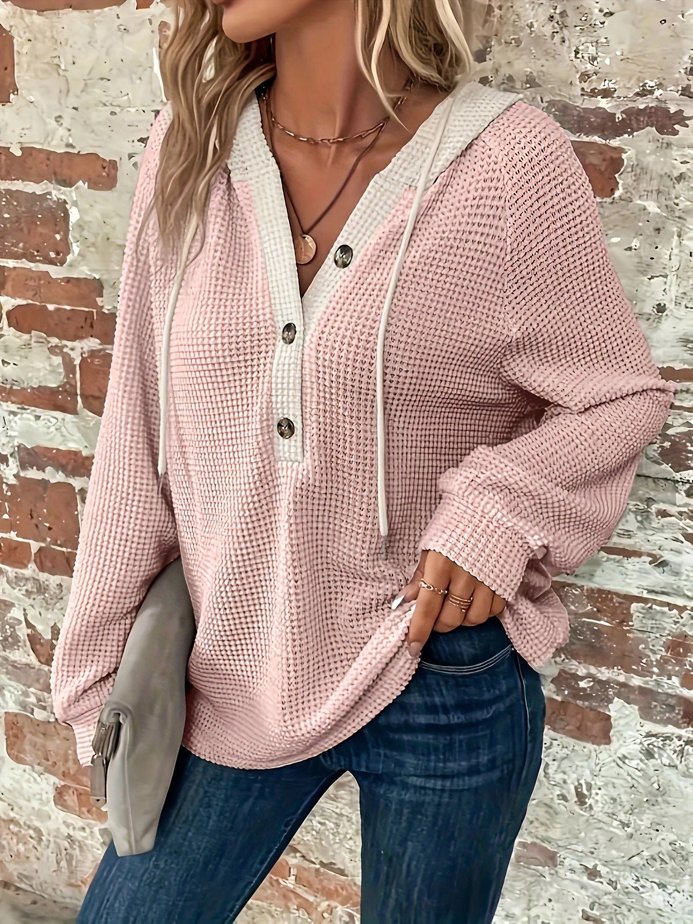 Color Block Button Front Drawstring Hoodie - Casual Long Sleeve Sweatshirt for Women