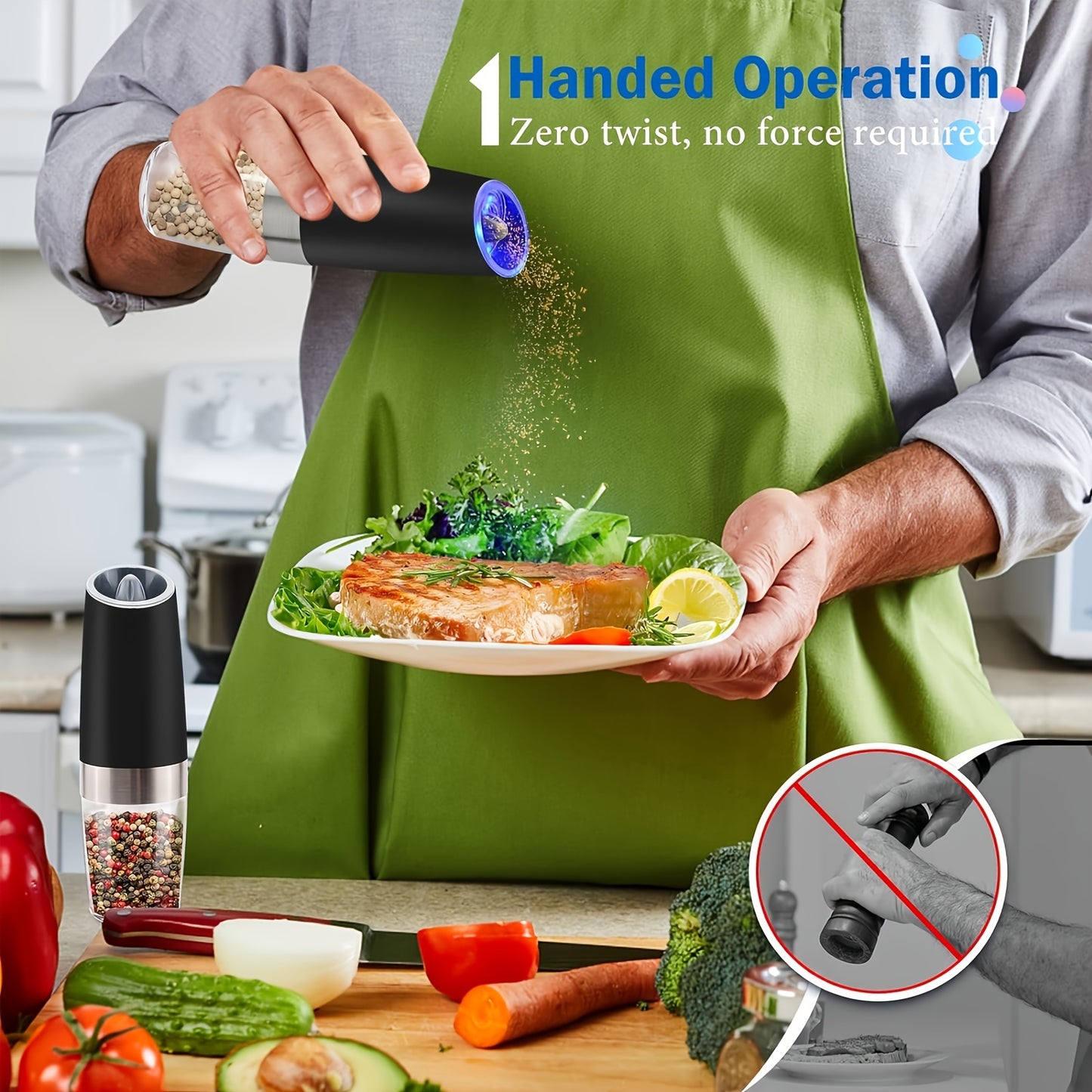 Gravity Electric Salt and Pepper Grinder Set: Battery-Powered with LED Light, One-Handed Automatic Operation, Adjustable Coarseness, Black - Kitchen Gadget Gift Idea