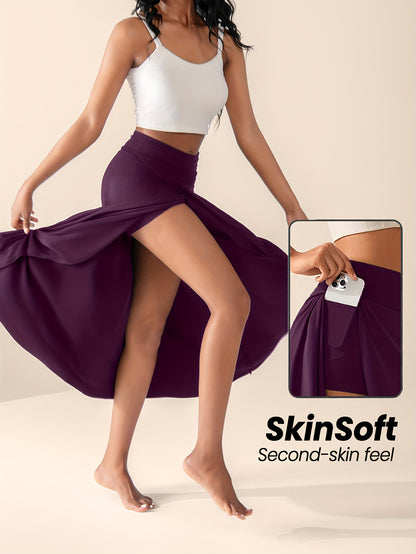 Women's High-Waisted Split Skort with Pockets – Solid Color Casual Sports Skirt – Breathable and  Flexible Activewear
