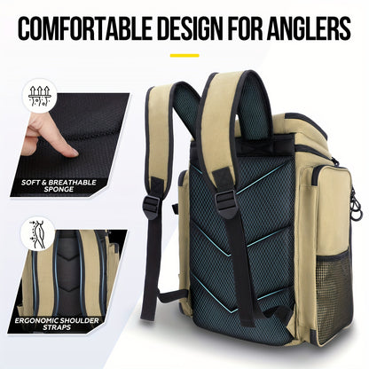 PLUSINNO Fishing Backpack – 42L Large Water-Resistant Tackle Bag with Rod Holders – Ideal for Fishing, Camping, Hiking – Great Fishing Gift for Men and Fathers, Khaki